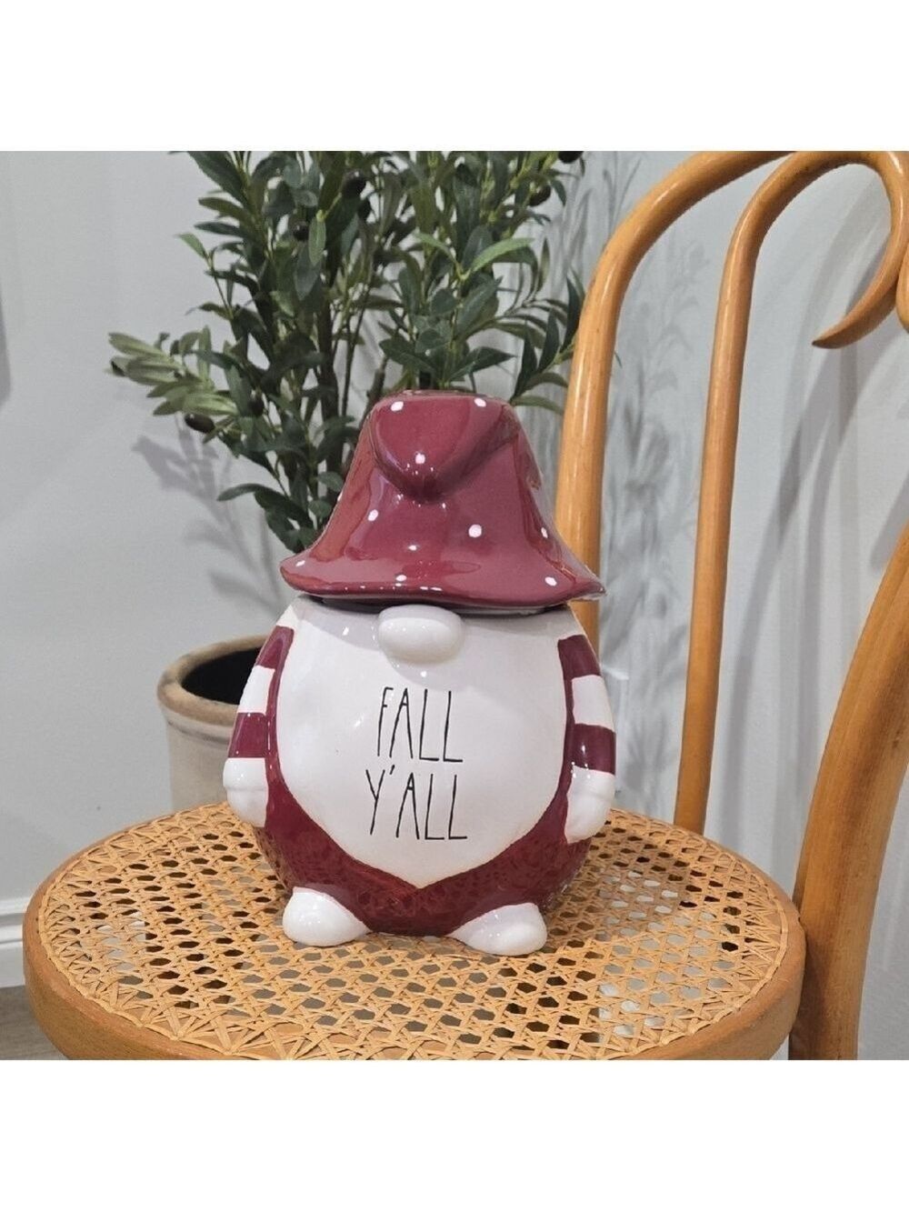 Rae Dunn Burgundy and White "Fall Y'All" Gnome Cookie Jar